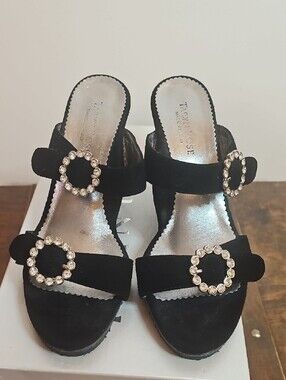 Taryn Rose Black Suede Slide Sandals with Crystal Buckles